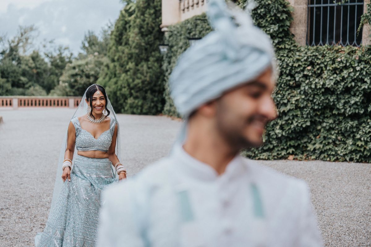 Ptaufiq Indian Destination Wedding Castell de Sant Marçal Barcelona Spain Serena and Manav First Look 3